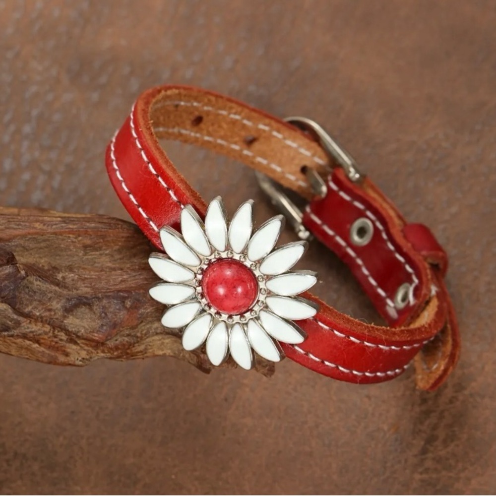 Red Leather & White Enamel Flower Bracelet